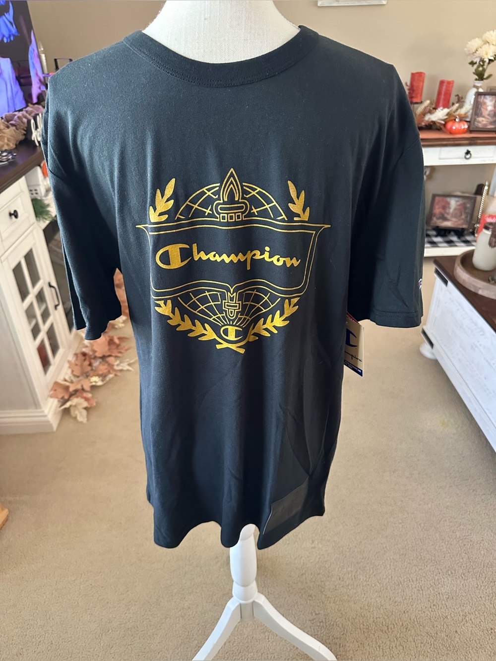 Champion Men’s Black T-Shirt with Gold Crest Graphic